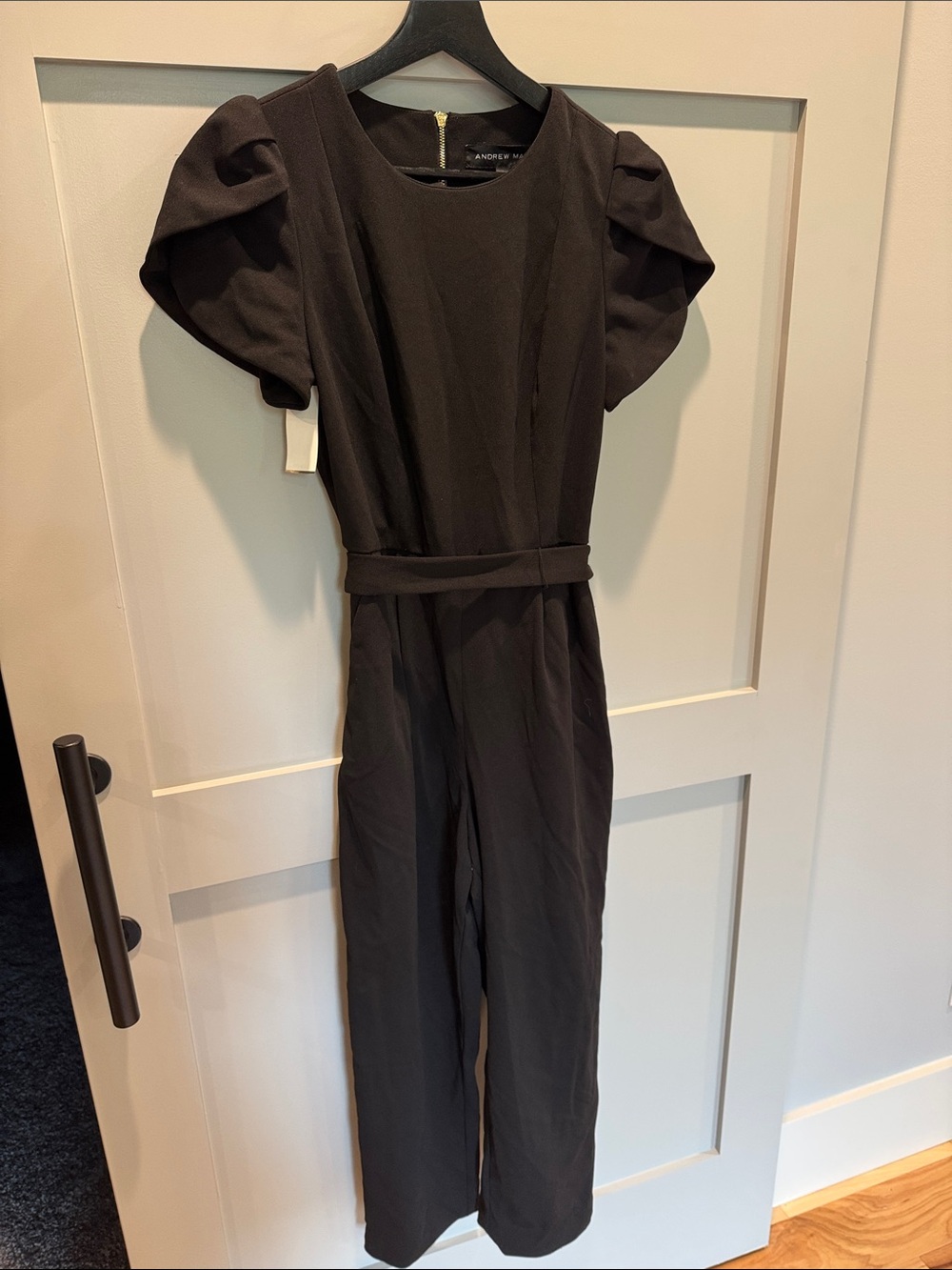Andrew Marc Black Puff-Sleeve Belted Jumpsuit